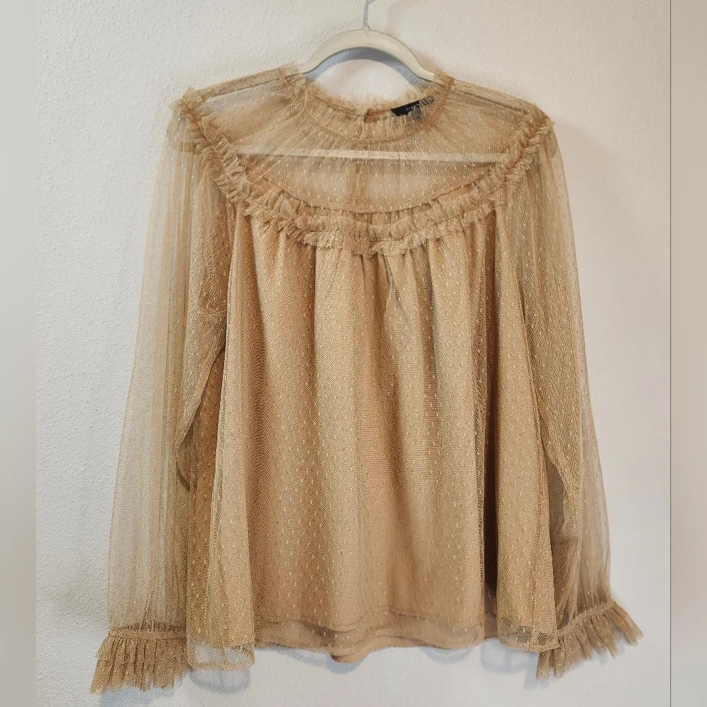 J. Crew Vintage Inspired Ruffle Collar Mesh Blouse In Antique Camel Size Medium - Picture 2 of 8